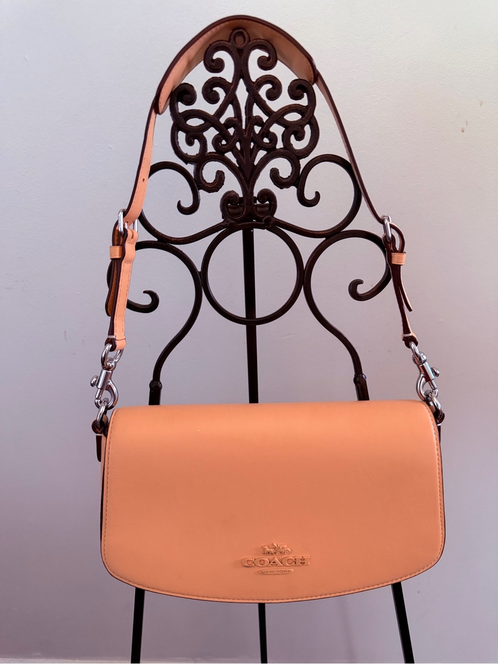 Coach Peach Leather Crossbody Saddle Bag with Silver Hardware